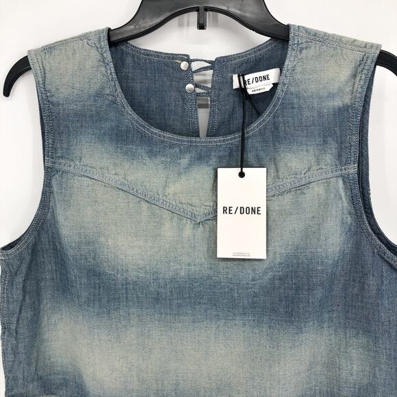 RE/DONE Women's Chambray Sleeveless Crop Top Small Blue Amore Indigo Tank NWT - Picture 2 of 7